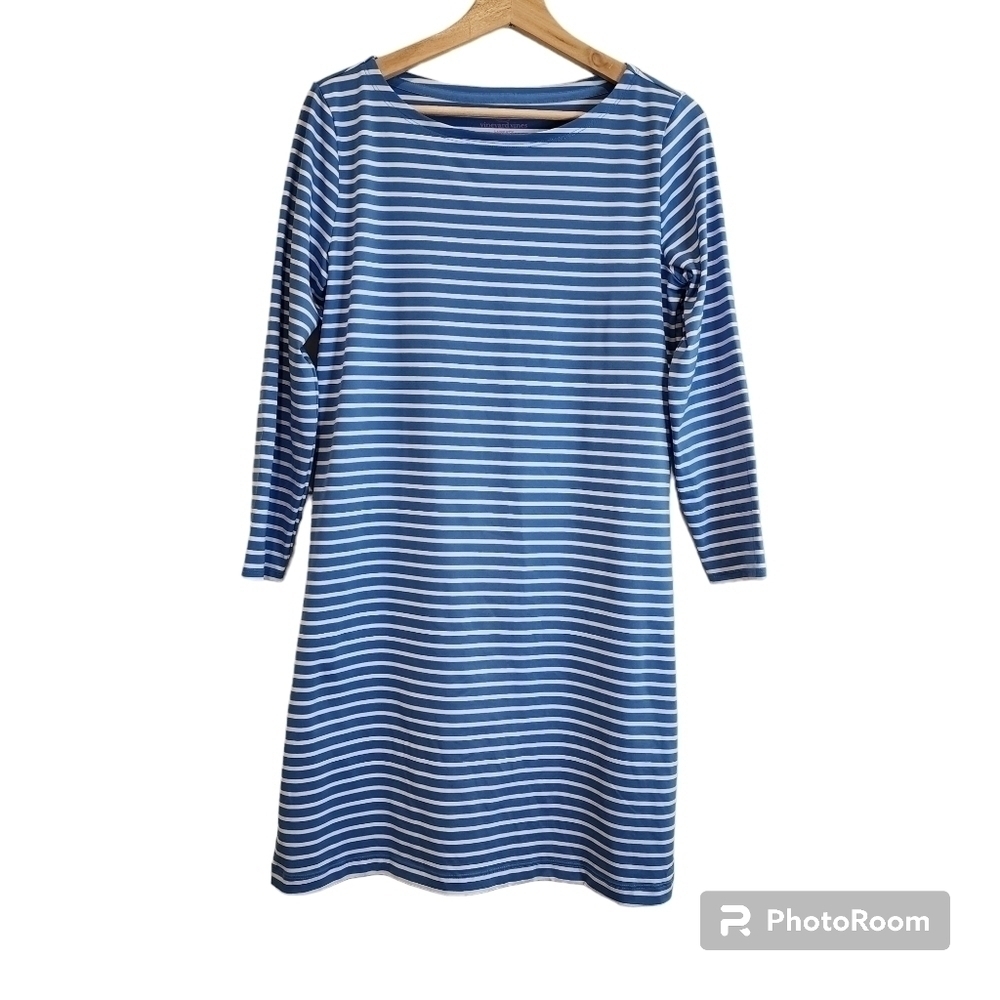 Vinyard Vines M Sankaty Blue With White Horizontal Stripes 3/4 Sleeve Dress Knee